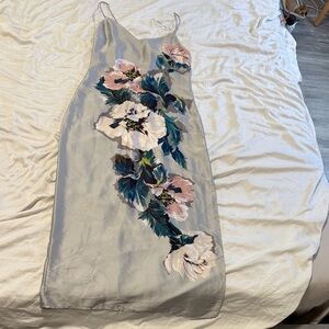Zara Gray Floral Satin Dress with Pink and Blue Accents